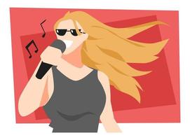 illustration of blonde girl with glasses performing singing. microphone. red background. song icon. performance concept, concert, band, music, art, etc. flat vector