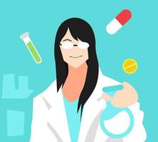 illustration of a female doctor making medicine, dispensing medicine. with capsule medicine icon, test tube, glasses. science concept, hospital, prescription, etc. flat vector