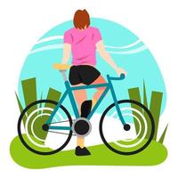 illustration of beautiful girl with short hair. back view. sitting on the bicycle. grass background, sky. the concept of cycling, sports, leisure, hobbies, etc. flat vector style