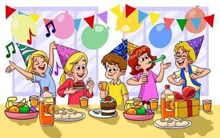Cartoon kids party poster with big table sweets and gifts in birthday celebration vector illustration