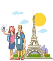 vector illustration of young couple taking selfie at eiffel tower