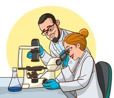 equipo de científicos discutiendo la investigación en la ilustración de vector de laboratorio