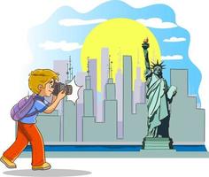 photographer boy takes photo of america statue of liberty tower vector