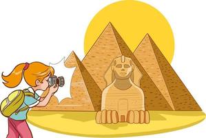 photographer girl takes picture of egyptian pyramids vector