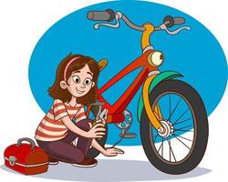ilustración vectorial de niña reparando su bicicleta vector