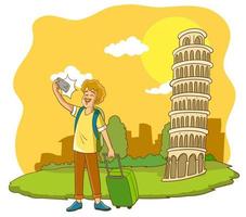 Tourist taking selfie at Pisa tower. vector illustration