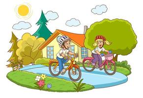 Happy Little Children Riding Bicycle. vector illustration