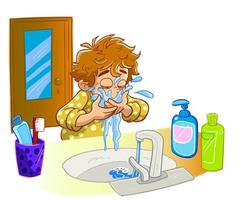 Vector illustration of a little boy washes his hands with water from a tap. Print, template, design element