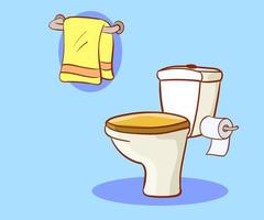 White ceramics toilet, toilet paper and toilet brush. modern toilet set in flat style. Vector illustration