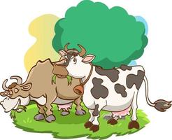 Two cows at the grassland vector illustration