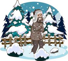 Vector illustration of man getting cold in snowy weather. Man walking in the freezing cold of winter.