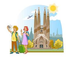 ilustración vectorial de una pareja de turistas tomándose un selfie en la sagrada familia, una gran iglesia católica romana en barcelona, españa, diseñada por el arquitecto catalán antoni gaudi vector