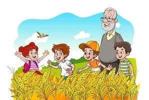 vector illustration of grandpa and kids in wheat field