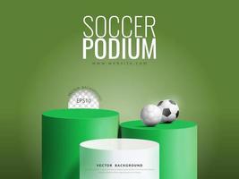 soccer product display concept, three step green and white podium with ball on green background, vector illustration