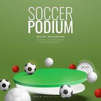 concepto de exhibición de productos de fútbol, podio verde flotando con pelota sobre fondo verde, ilustración vectorial vector