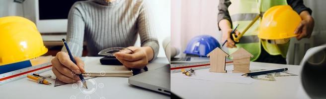 Two colleagues discussing data working and tablet, laptop with on on architectural project at construction site at desk in office photo