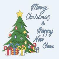 Christmas tree with presents and greeting with handwritten inscription. Vector illustration in cute cartoon style