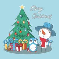 Christmas card with decorated tree. Greeting snowman and penguin with presents. Vector illustration in cartoon style