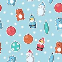 Seamless pattern with decorations for Christmas tree. Snowman, Santa, Kitty, Teddy Bear and other cute ornamets on blue bakground. Vector illustration in cute cartoon style