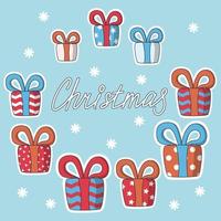 Christmas presents of various size and color. Vector illustration in cute cartoon style on light blue background