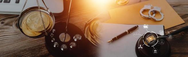 Business and lawyers discussing contract papers with brass scale on desk in office. Law, legal services, advice, justice and law concept picture with film grain effect photo