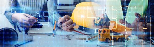 Scene of industrial engineers discussion, Construction architect with huge industry as a background, Concept of engineer project planning, professional teamwork. Selective focused. photo