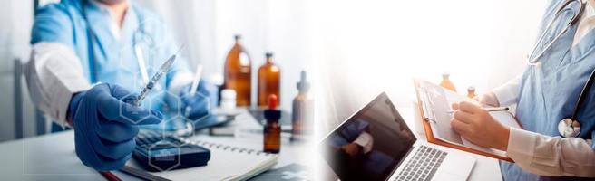 Medicine doctor hand working on a patients x-ray scans digital healthcare and connection with modern virtual screen interface icons, Medical technology and network concept. photo
