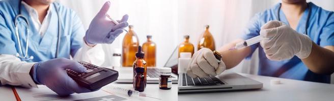 Medicine doctor hand working on a patients x-ray scans digital healthcare and connection with modern virtual screen interface icons, Medical technology and network concept. photo