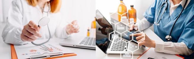 Medicine doctor hand working on a patients x-ray scans digital healthcare and connection with modern virtual screen interface icons, Medical technology and network concept. photo