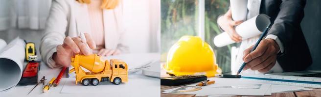 Two colleagues discussing data working and tablet, laptop with on on architectural project at construction site at desk in office photo