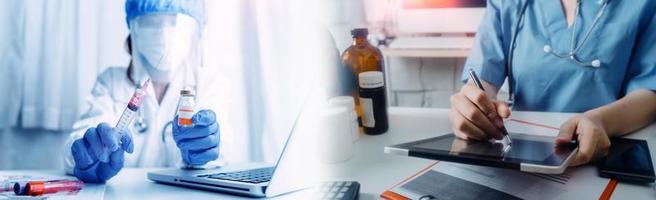 Medicine doctor hand working on a patients x-ray scans digital healthcare and connection with modern virtual screen interface icons, Medical technology and network concept. photo