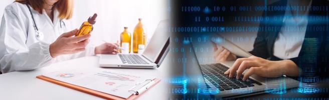 Medicine doctor hand working on a patients x-ray scans digital healthcare and connection with modern virtual screen interface icons, Medical technology and network concept. photo