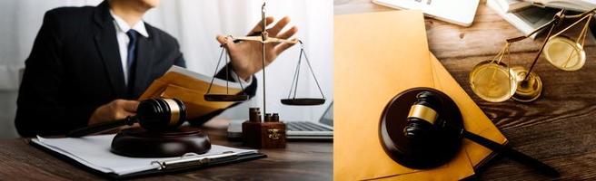 Justice and law concept.Male judge in a courtroom with the gavel, working with, computer and docking keyboard, eyeglasses, on table in morning light photo