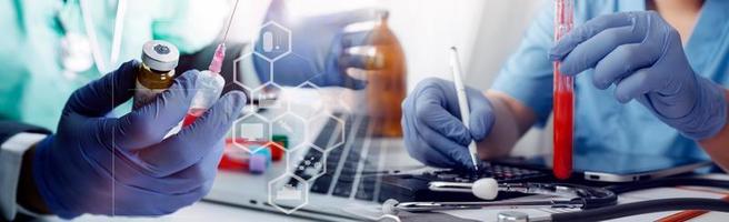 Medicine doctor hand working on a patients x-ray scans digital healthcare and connection with modern virtual screen interface icons, Medical technology and network concept. photo