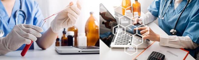 Medicine doctor hand working on a patients x-ray scans digital healthcare and connection with modern virtual screen interface icons, Medical technology and network concept. photo