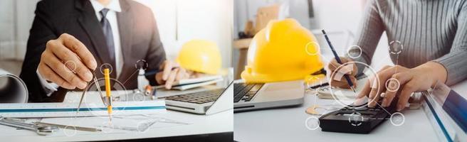 Two colleagues discussing data working and tablet, laptop with on on architectural project at construction site at desk in office photo