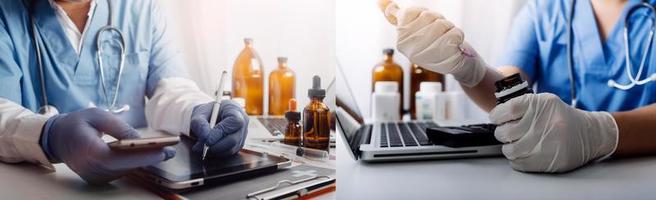 Medicine doctor hand working on a patients x-ray scans digital healthcare and connection with modern virtual screen interface icons, Medical technology and network concept. photo