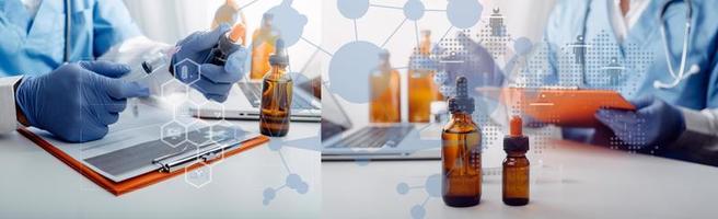 Medicine doctor hand working on a patients x-ray scans digital healthcare and connection with modern virtual screen interface icons, Medical technology and network concept. photo