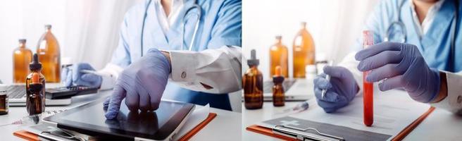 Medicine doctor hand working on a patients x-ray scans digital healthcare and connection with modern virtual screen interface icons, Medical technology and network concept. photo