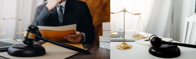 Business and lawyers discussing contract papers with brass scale on desk in office. Law, legal services, advice, justice and law concept picture with film grain effect photo