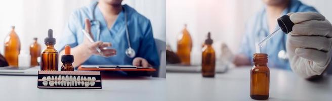 Medicine doctor hand working on a patients x-ray scans digital healthcare and connection with modern virtual screen interface icons, Medical technology and network concept. photo