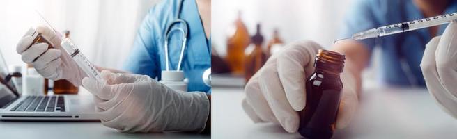 Medicine doctor hand working on a patients x-ray scans digital healthcare and connection with modern virtual screen interface icons, Medical technology and network concept. photo