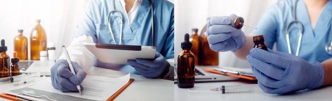 Medicine doctor and stethoscope touching icon medical network connection with modern interface on digital tablet in hospital background. Medical technology network concept photo