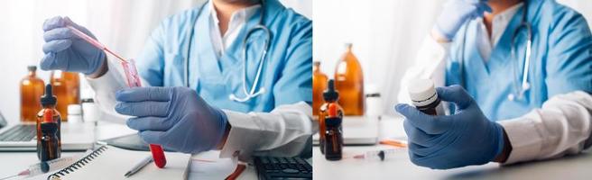 Medicine doctor hand working on a patients x-ray scans digital healthcare and connection with modern virtual screen interface icons, Medical technology and network concept. photo