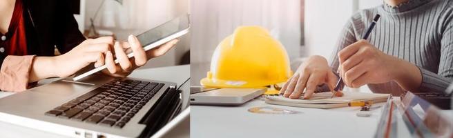 Two colleagues discussing data working and tablet, laptop with on on architectural project at construction site at desk in office photo