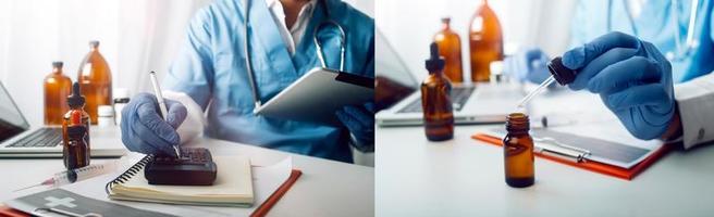 Medicine doctor hand working on a patients x-ray scans digital healthcare and connection with modern virtual screen interface icons, Medical technology and network concept. photo