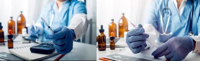 Medicine doctor hand working on a patients x-ray scans digital healthcare and connection with modern virtual screen interface icons, Medical technology and network concept. photo