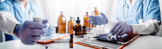Medicine doctor hand working on a patients x-ray scans digital healthcare and connection with modern virtual screen interface icons, Medical technology and network concept. photo
