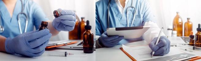 Medicine doctor hand working on a patients x-ray scans digital healthcare and connection with modern virtual screen interface icons, Medical technology and network concept. photo