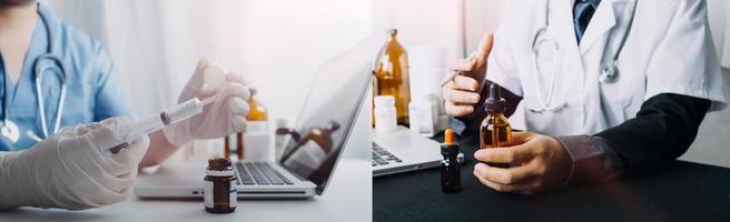 Medicine doctor hand working on a patients x-ray scans digital healthcare and connection with modern virtual screen interface icons, Medical technology and network concept. photo